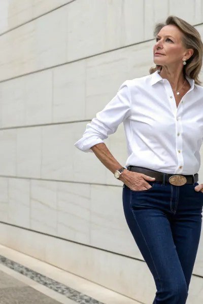 A white button shirt with dark jeans is minimalist chic. Blonde hair glows against crisp white. The simplicity is the whole point. Perfect for gallery openings or clean, modern styling.