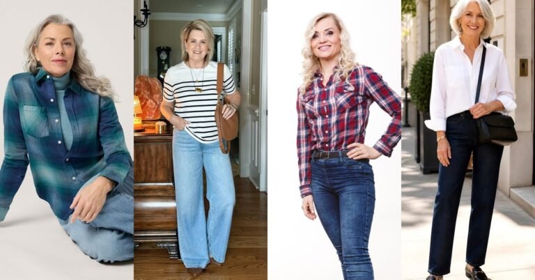 Collage of four flattering fall jeans and tops outfits for women over 50: black turtleneck with wide-leg jeans, red plaid shirt, cozy cable-knit sweater and camel blazer looks