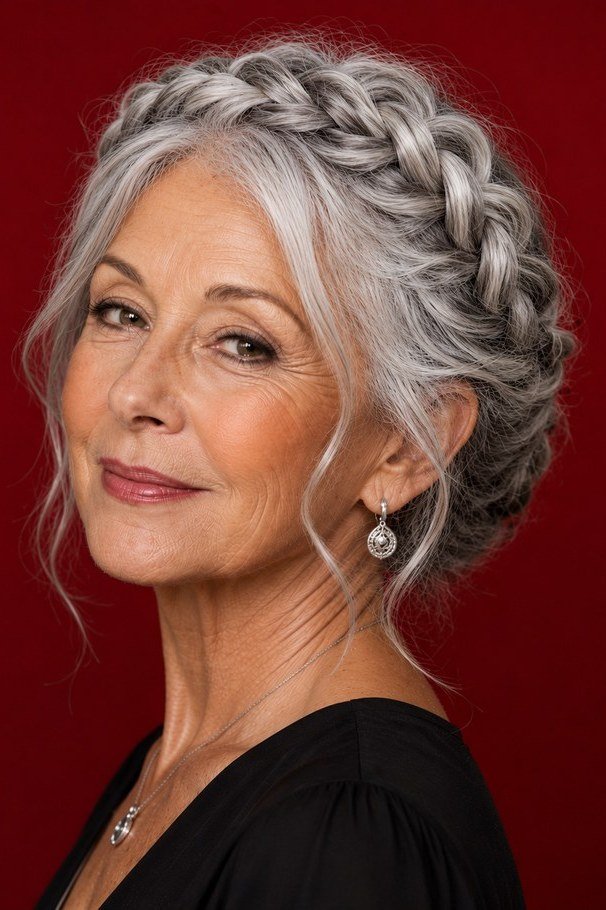 Braided silver-grey crown updo, red background, elegant grey hairstyle for women over 50