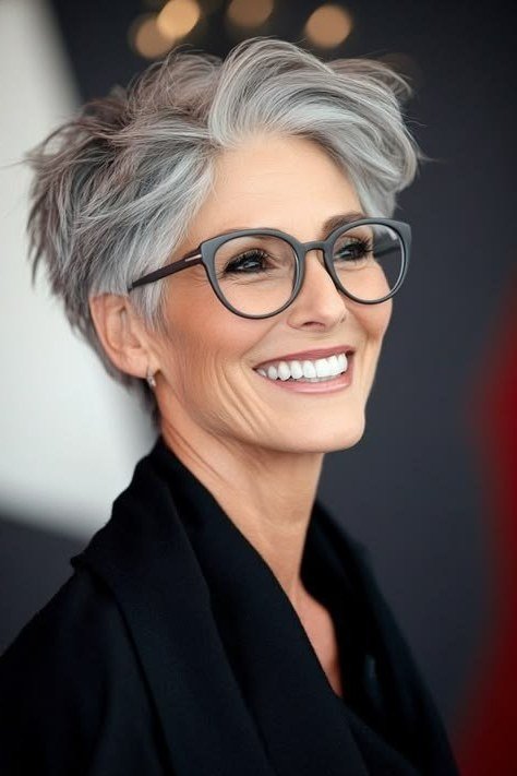 Short textured grey pixie, glasses, smiling, dark top grey hairstyle for women over 50