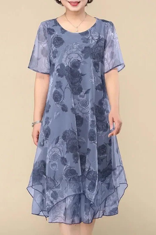 Blue-gray floral chiffon midi dress with short sleeves, elegant summer dress for women over 60