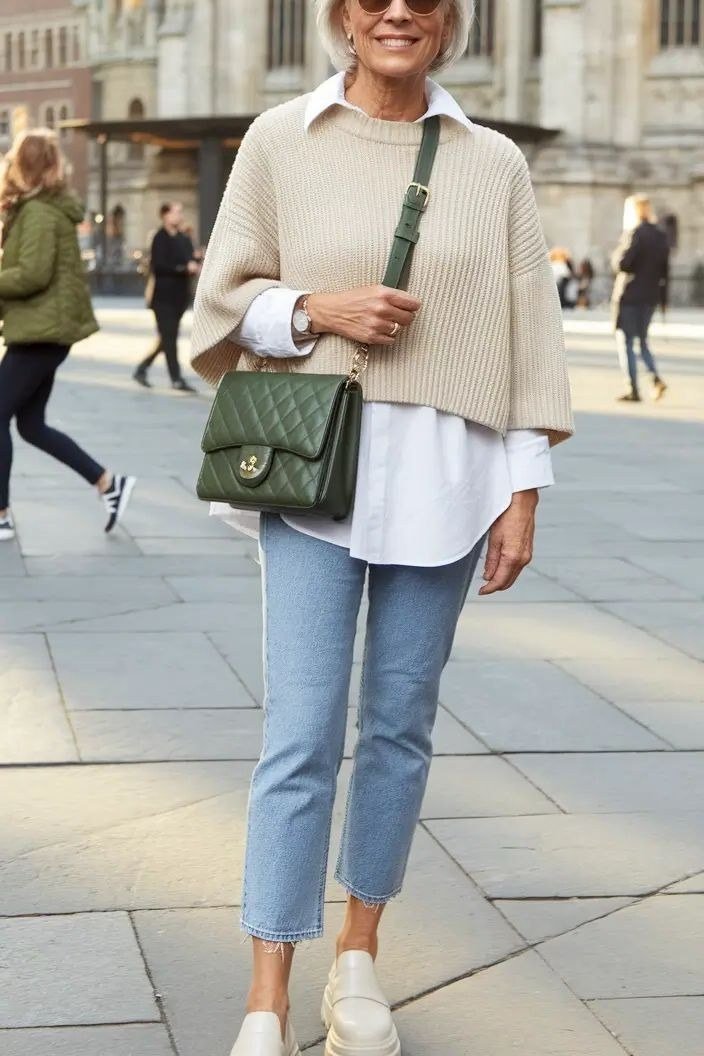 Beige sweater layered over a white shirt with light blue jeans, elevated casual fall outfit for women over 40
