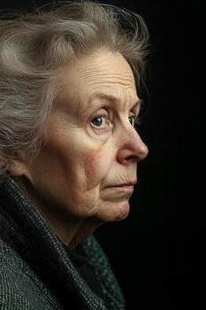Grey pinned updo, side profile, dark background grey hairstyle for women over 50
