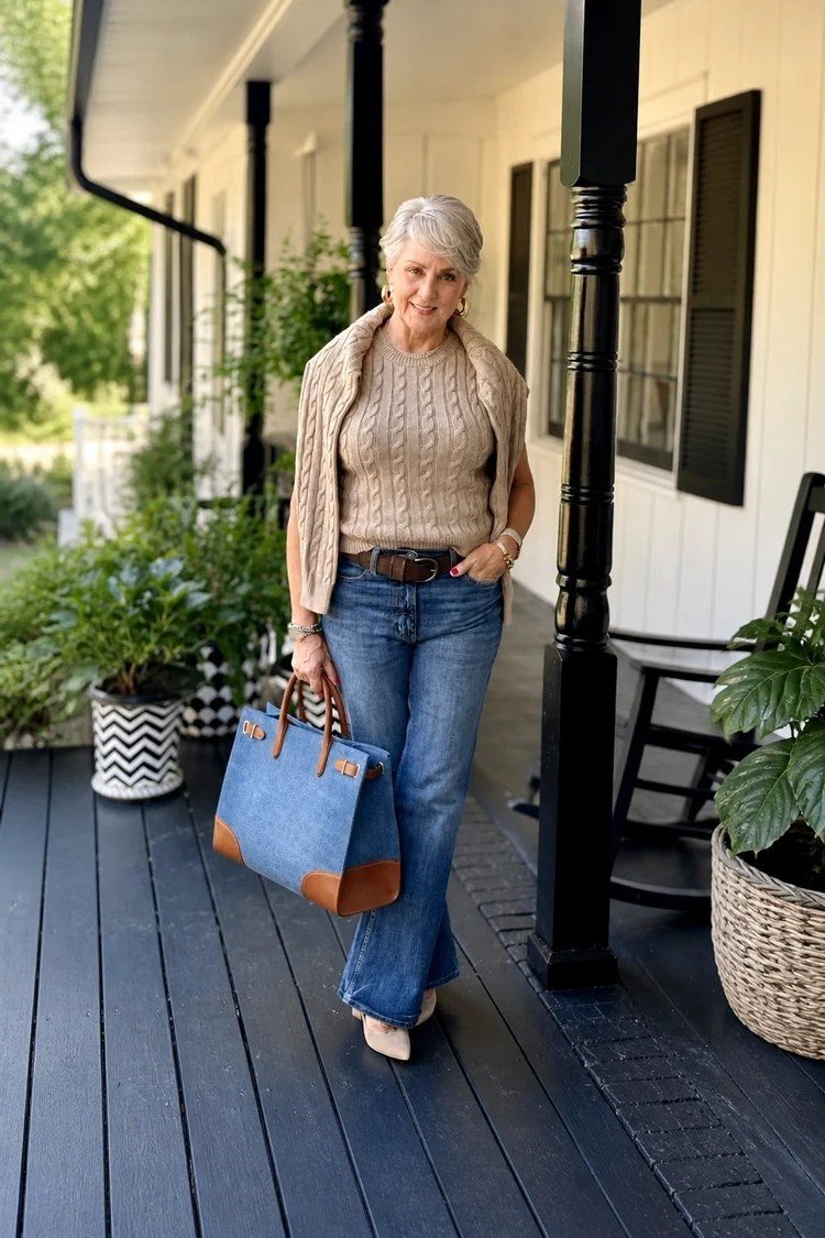 Tan cardigan with blue jeans on a porch, cozy fall outfit for women over 40