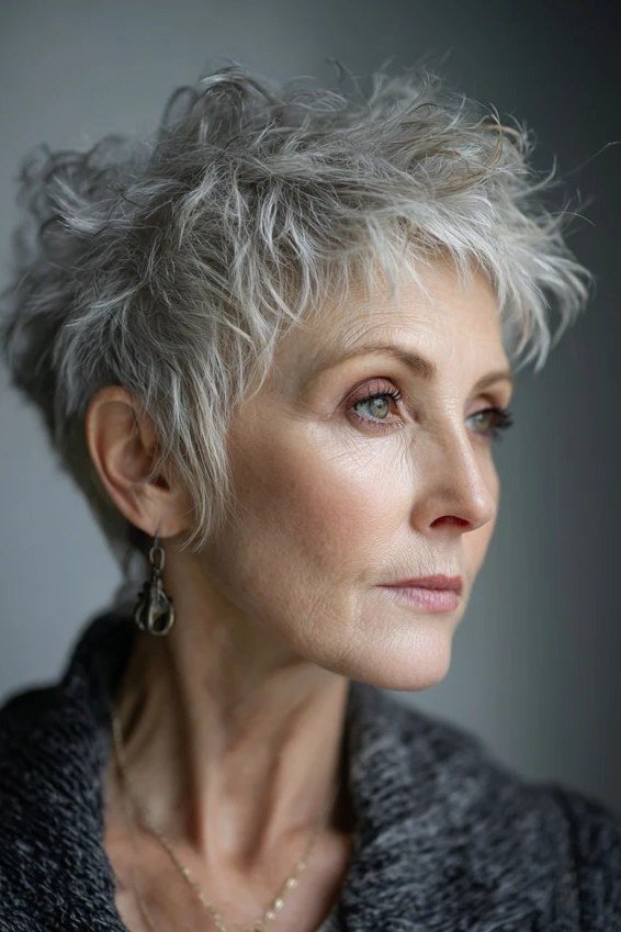 Curly grey pixie, three-quarter view, dark top grey hairstyle for women over 50
