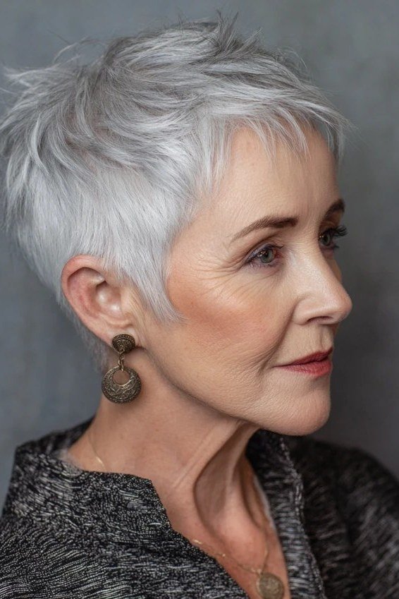 Short white pixie, side profile, dangling earring grey hairstyle for women over 50