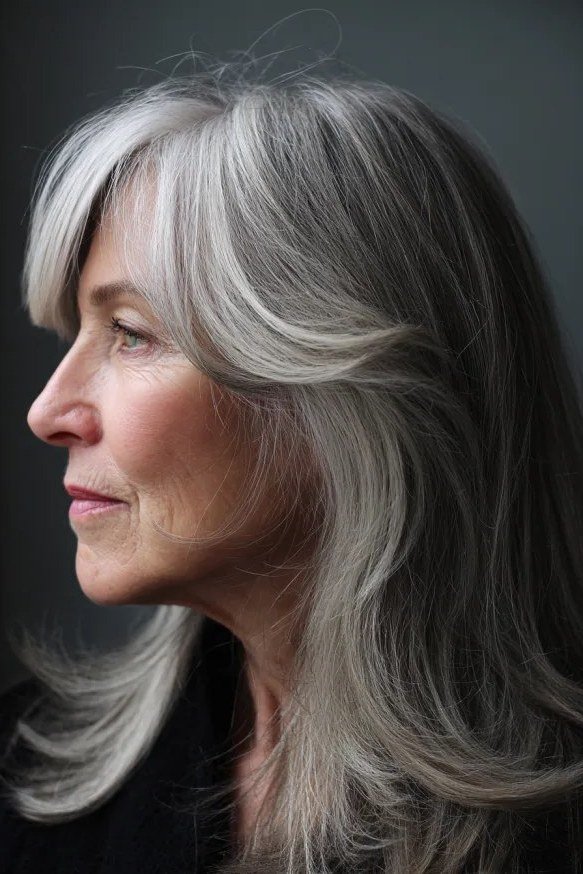 Long layered silver hair, side profile, dark top grey hairstyle for women over 50