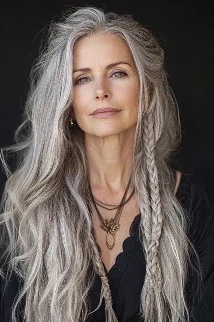 Long wavy grey hair with side braid, dark top grey hairstyle for women over 50