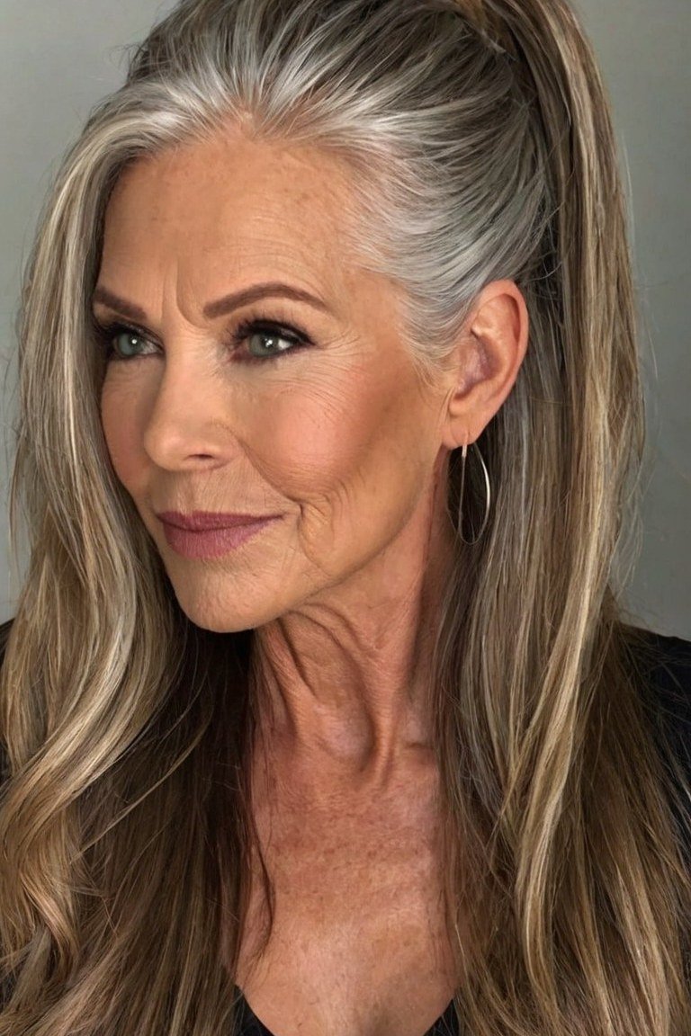 Salt-and-pepper high ponytail, dark top grey hairstyle for women over 50