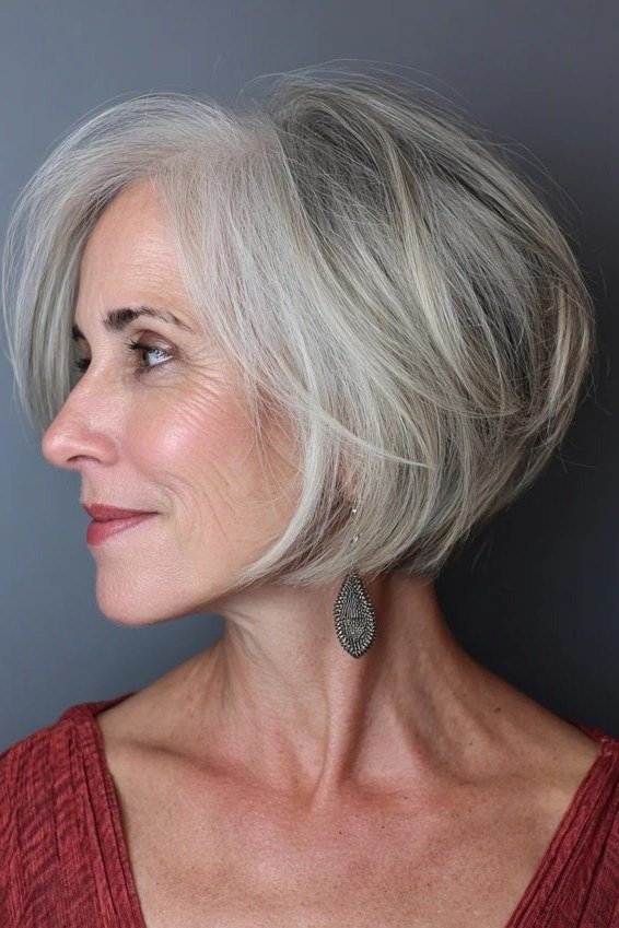 Short white bob, side profile, rust top grey hairstyle for women over 50