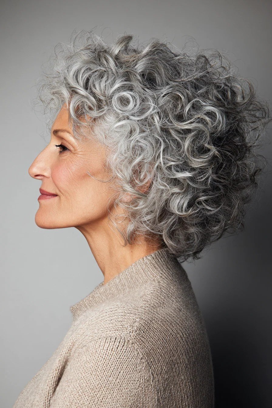 Tight grey curls bob, side profile, beige top grey hairstyle for women over 50