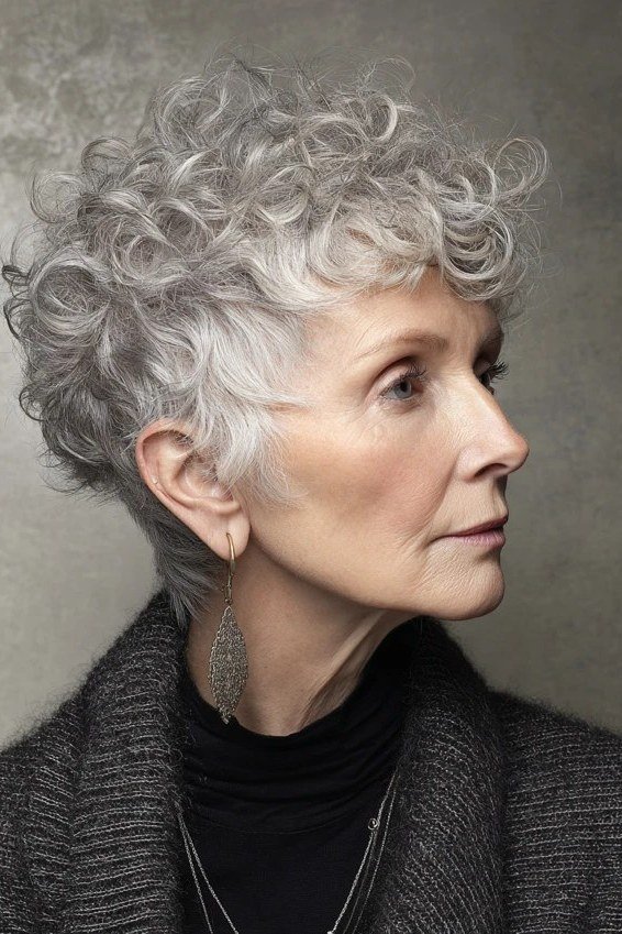 Short curly grey pixie, side profile, black turtleneck grey hairstyle for women over 50