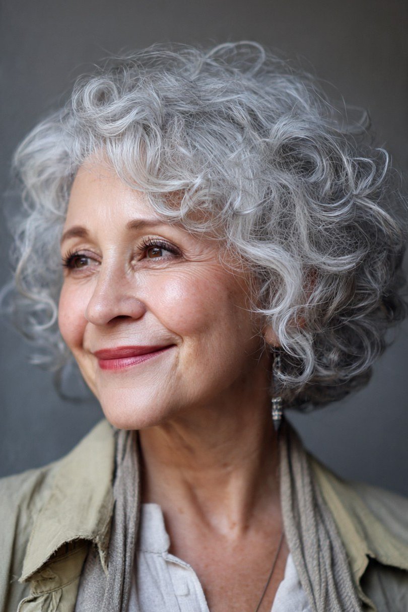 Curly grey bob, smiling, light jacket grey hairstyle for women over 50