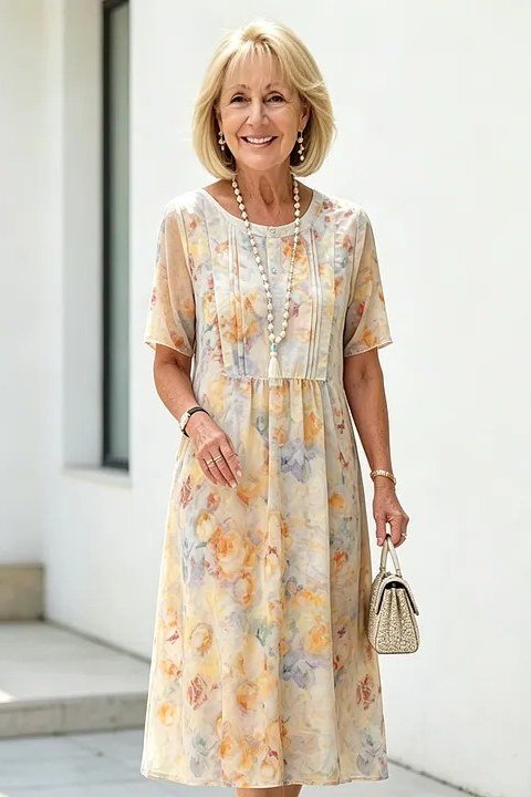 Cream floral midi dress with a small purse on a city street, pretty summer outfit for older women