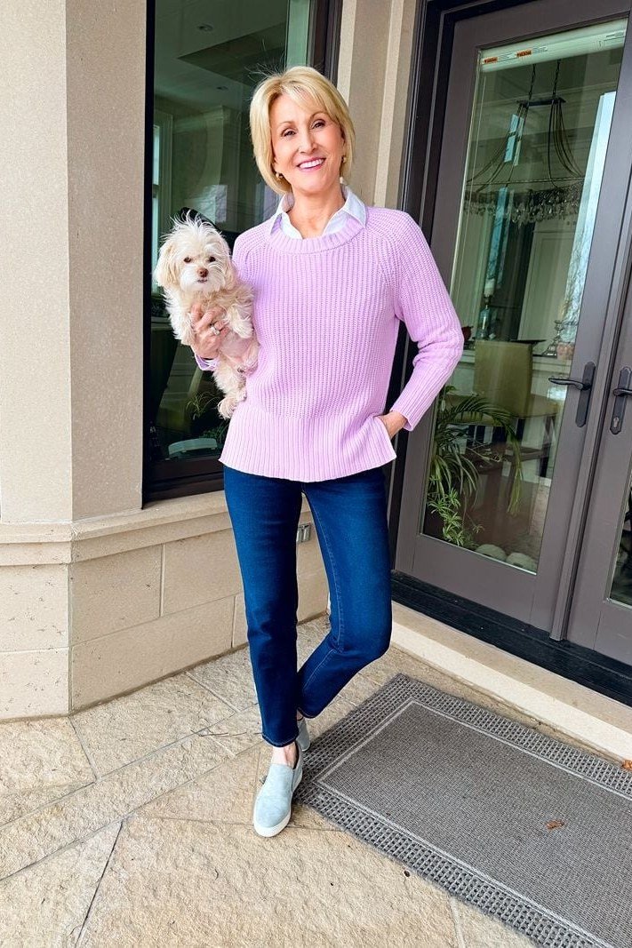 Blush pink sweater paired with dark skinny jeans, fall outfit for women over 40