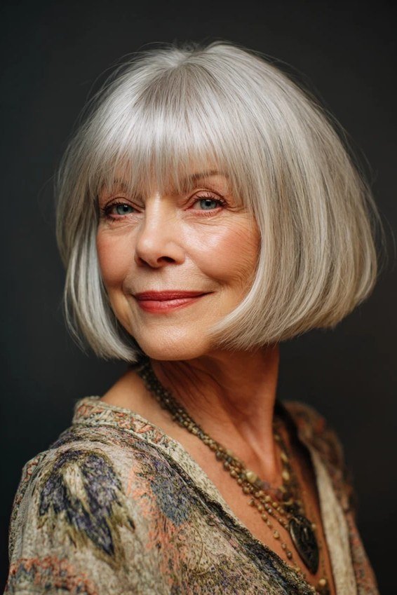 Bob with bangs, three-quarter view, patterned top grey hairstyle for women over 50