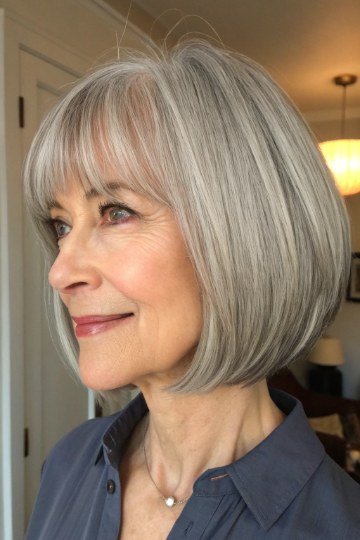 Grey bob with bangs, real photo, blue shirt grey hairstyle for women over 50