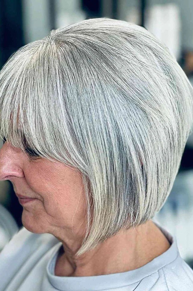 Layered silver bob, real salon photo grey hairstyle for women over 50