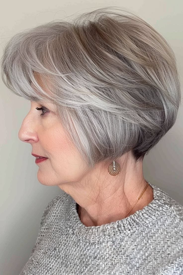 Silver bob, real photo, grey sweater grey hairstyle for women over 50