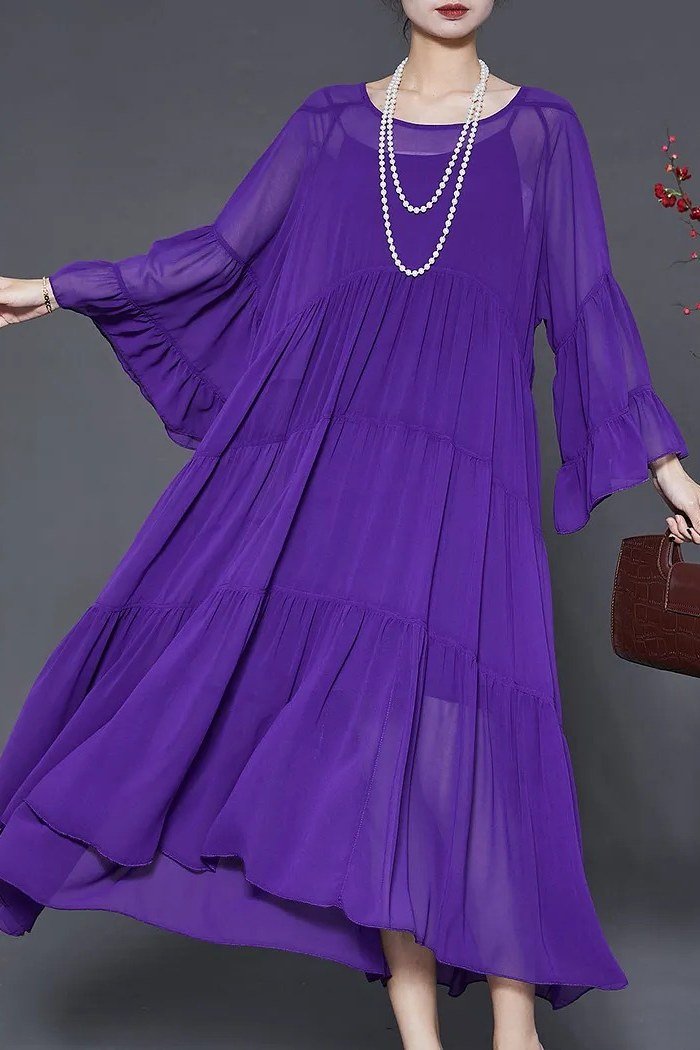 Purple chiffon maxi dress twirling, dramatic summer occasion dress for women over 60