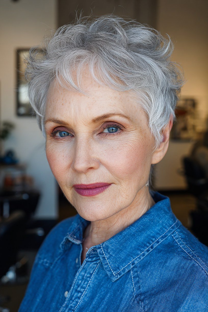 Short grey pixie, real photo, denim shirt grey hairstyle for women over 50