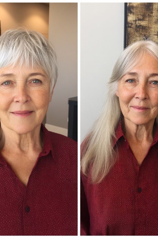 Before-after long grey to pixie makeover, real photo grey hairstyle for women over 50