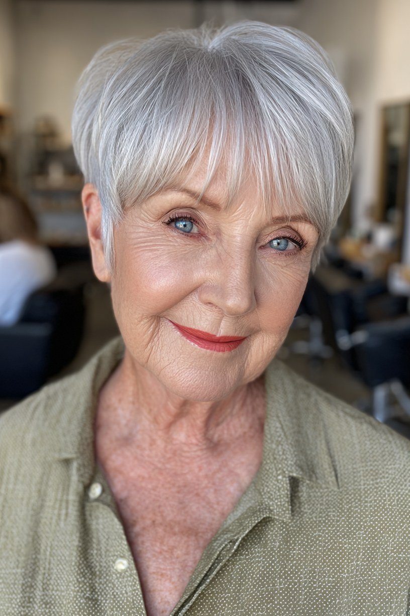 White pixie, real salon photo, smiling grey hairstyle for women over 50