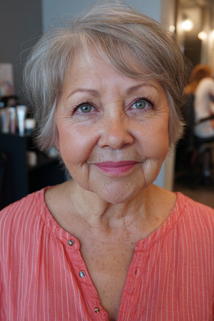 Short grey pixie, real photo, coral top grey hairstyle for women over 50
