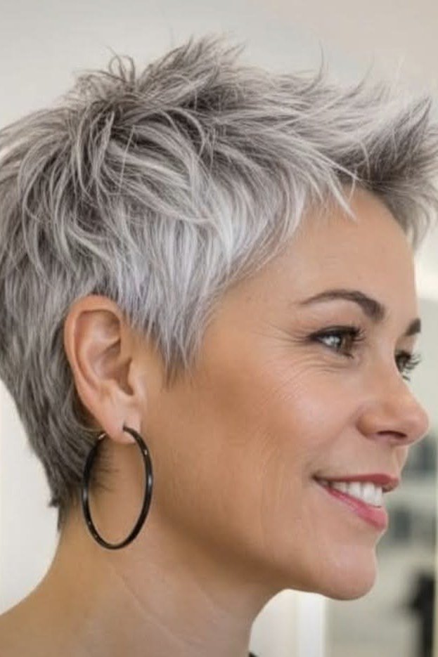 Spiky silver pixie, hoop earring, side profile grey hairstyle for women over 50