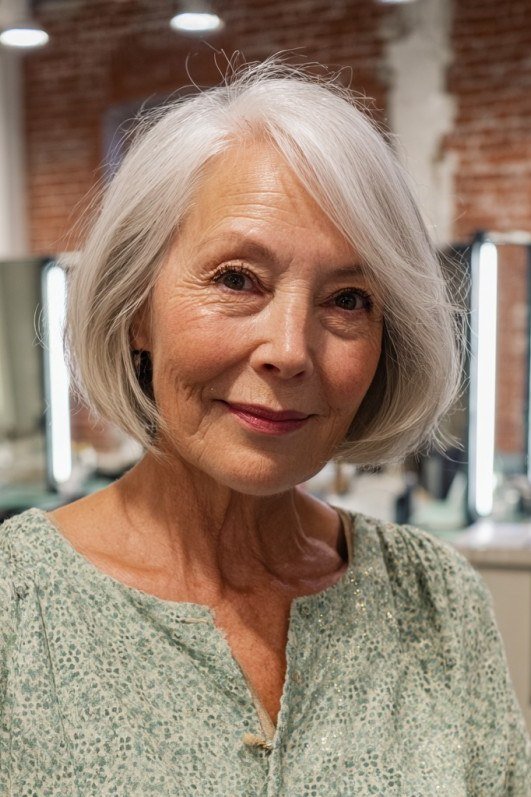 Grey layered lob, real salon photo, green top grey hairstyle for women over 50