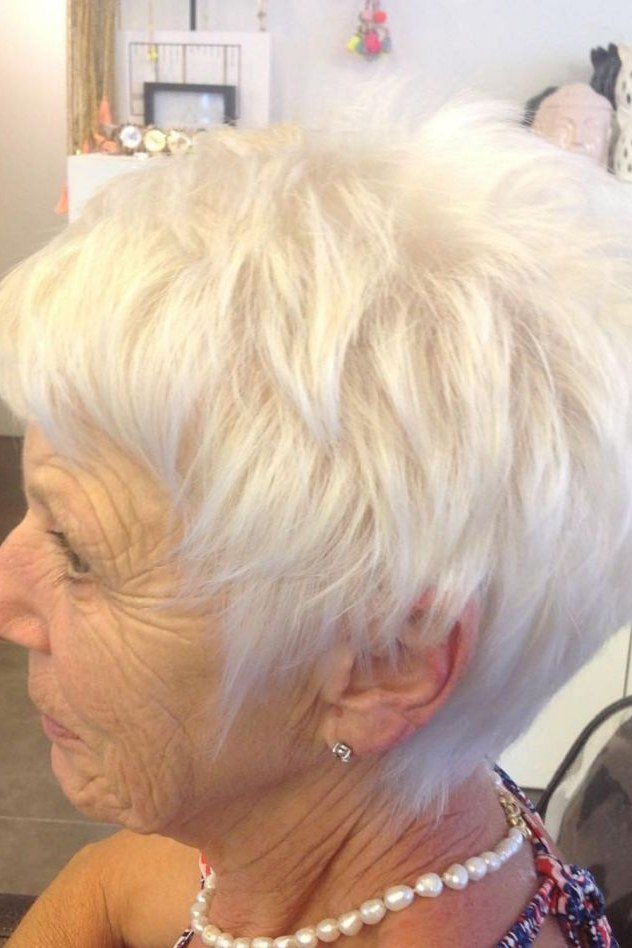 White pixie, real photo, side profile, pearls grey hairstyle for women over 50