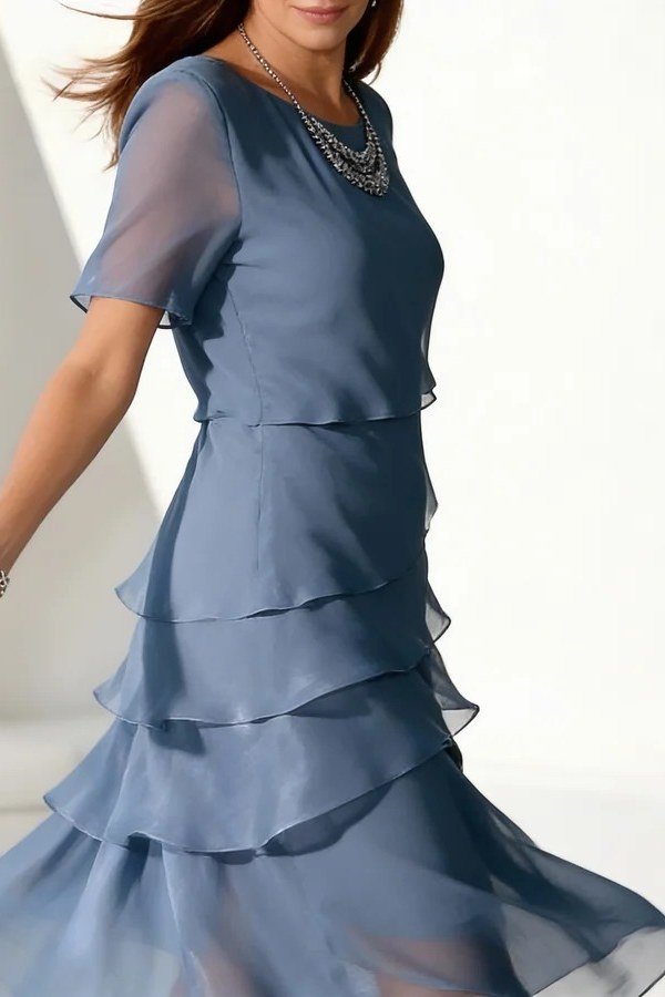 Blue-gray tiered chiffon midi dress with sheer sleeves, elegant summer dress for mature women