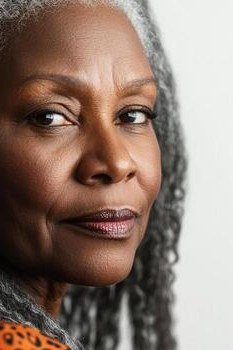 Black woman, long grey braids, orange top grey hairstyle for women over 50