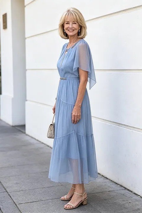 Light blue tiered midi dress with a sheer overlay on a city street, summer outfit for older women