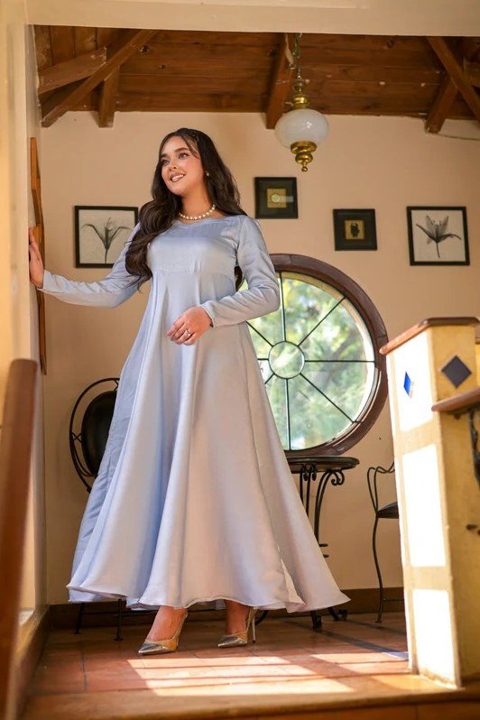 Lavender satin maxi dress with long sleeves, soft summer occasion dress for women over 60