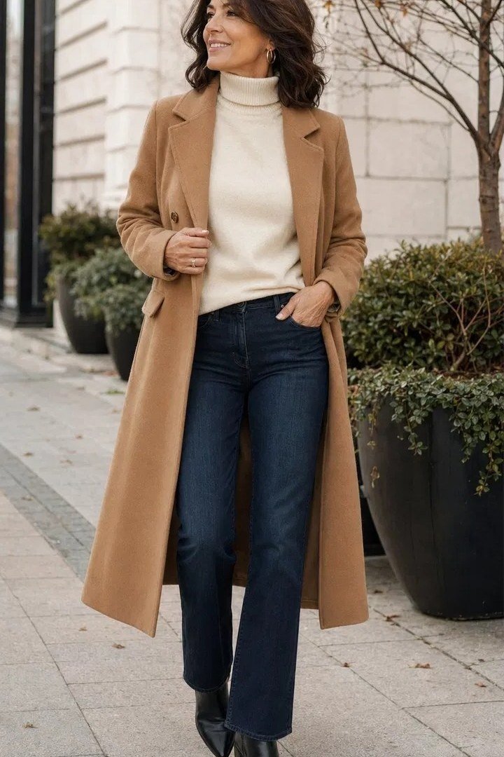 Camel coat with cream top and blue jeans, classic fall outerwear for women over 40