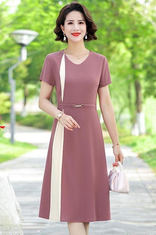 Dusty rose belted midi dress with a white side stripe, casual summer dress for women over 60