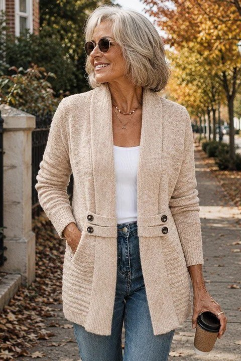 Beige knit cardigan with blue jeans on an autumn sidewalk, casual chic outfit for mature women