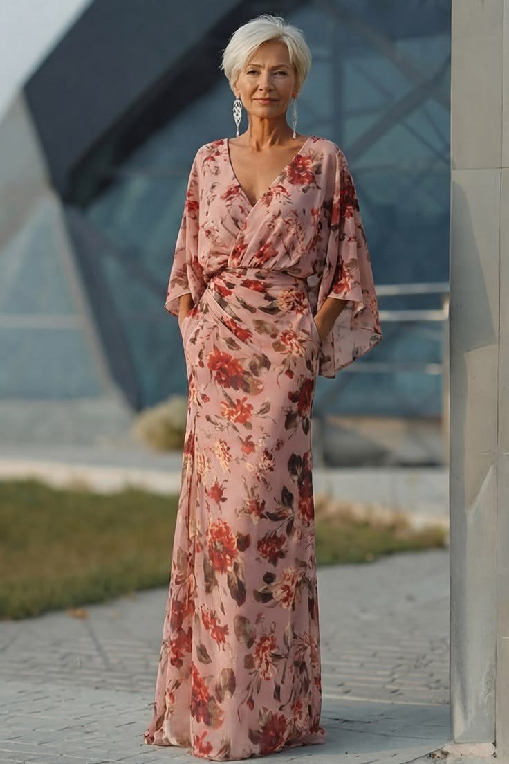 Rust floral maxi dress with wide sleeves on an older woman with white hair, warm summer style