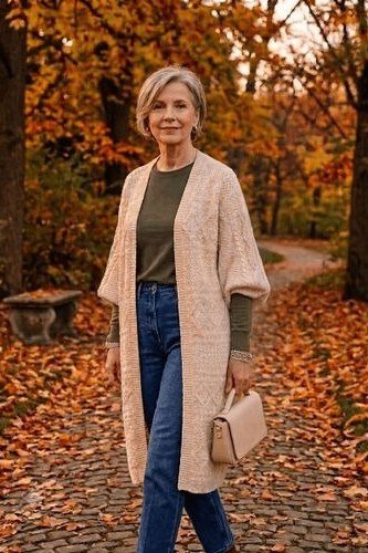 Long beige cardigan with jeans in a fall park, relaxed outfit for women over 40
