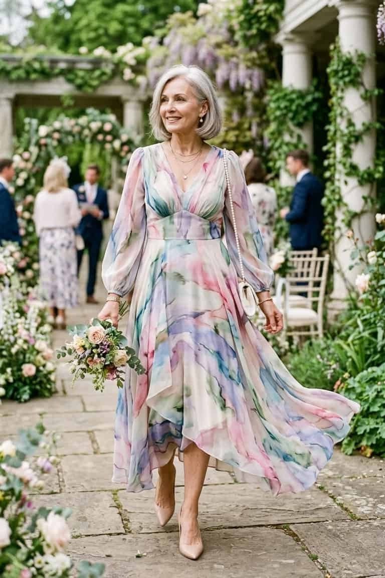 Pastel watercolor floral maxi dress at an outdoor wedding, elegant summer look for older women