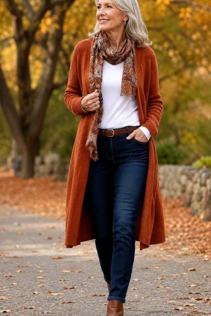 Rust cardigan with dark jeans on an autumn path, warm fall look for women over 40
