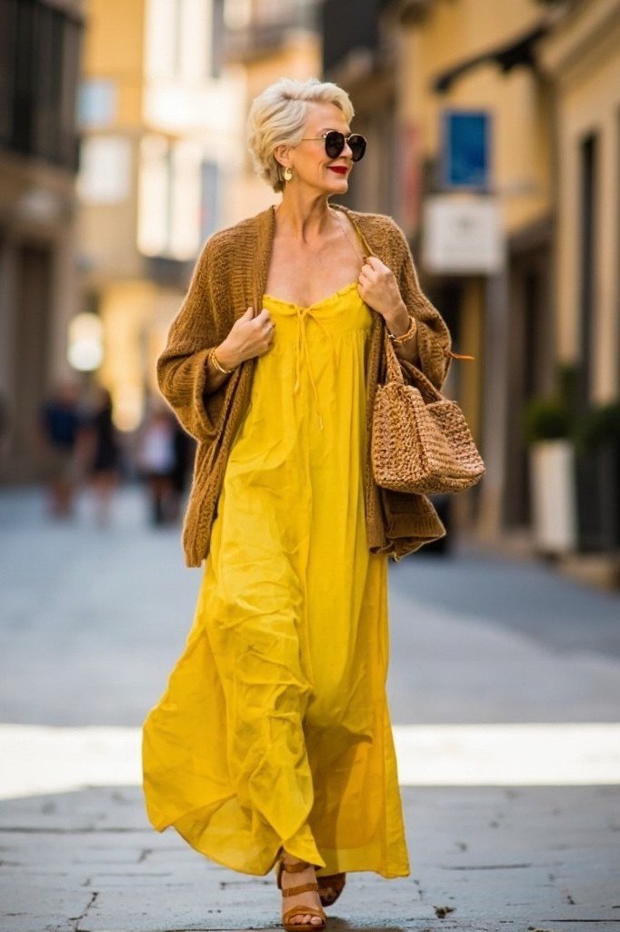 Mustard yellow maxi dress with a tan cardigan on a city street, layered summer style for older women