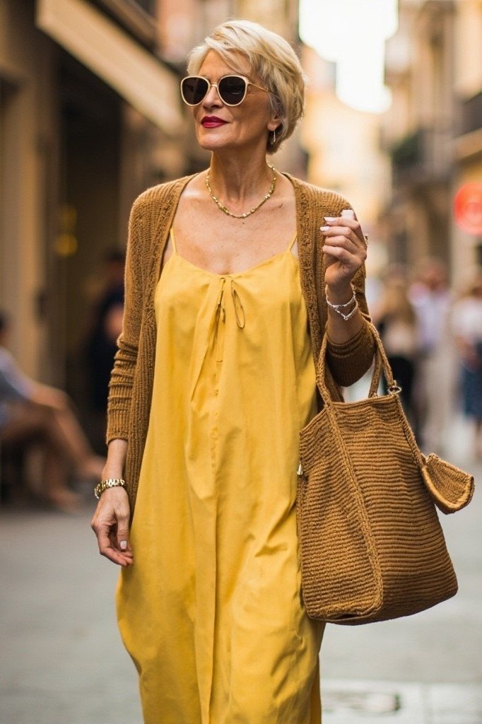 Mustard midi dress with a cardigan and straw tote, relaxed summer outfit for women over 60