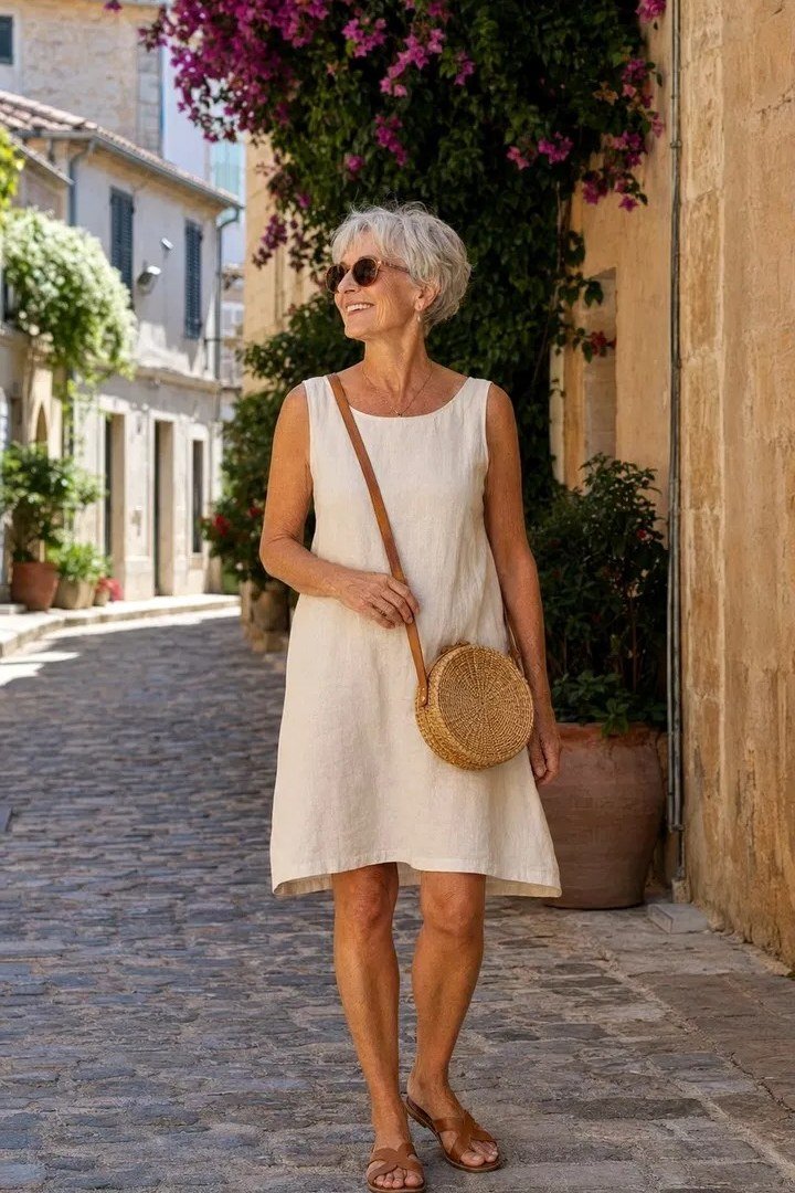Cream sleeveless shift dress with a round straw bag, summer street style for women over 60