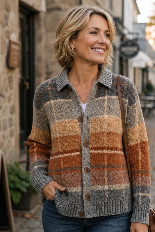 Plaid knit cardigan on a fall street, patterned layer for women over 40