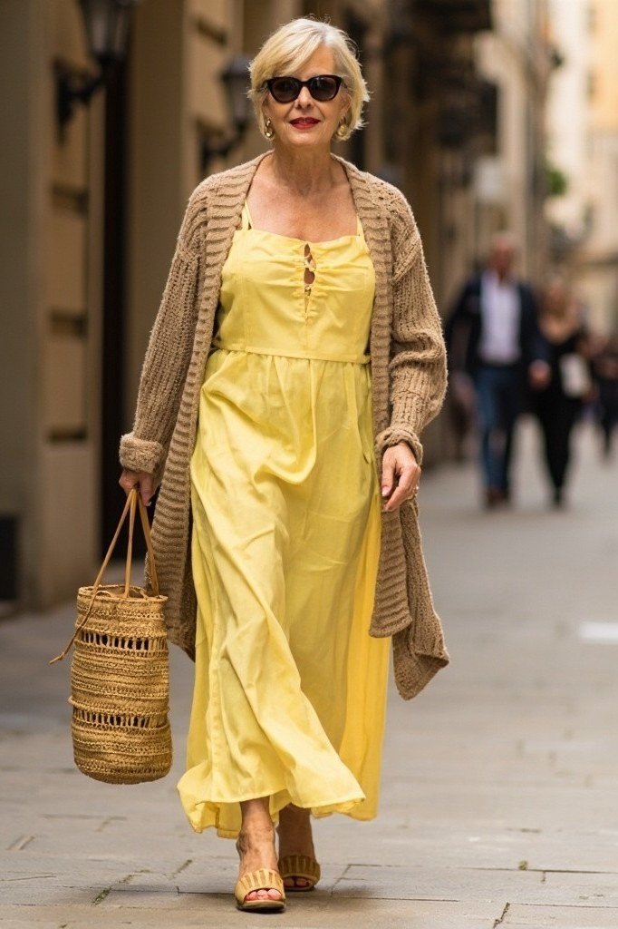 Yellow maxi dress with a beige cardigan and straw basket bag, sunny summer street style for mature women