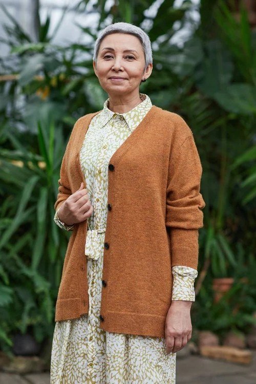 Camel cardigan with floral midi dress, romantic fall outfit for older women
