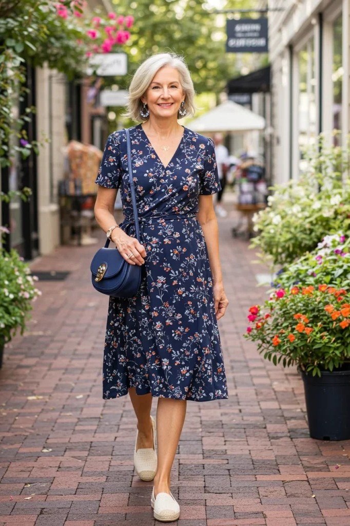 Navy floral wrap midi dress with a blue crossbody bag on a brick street, classic summer outfit for mature women