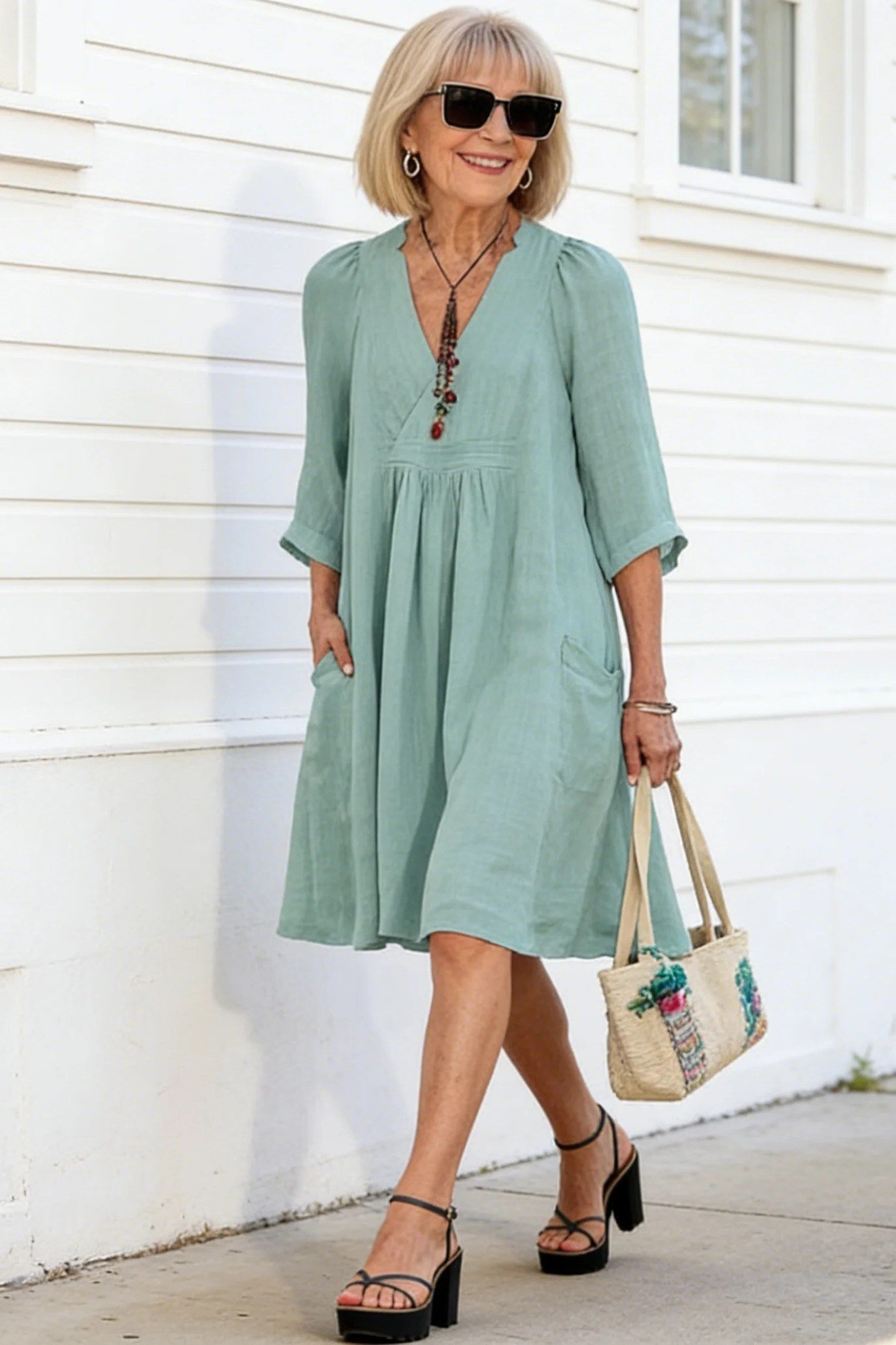 Mint green midi dress with three-quarter sleeves, summer outfit for women over 60
